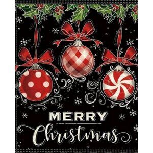 Red Christmas Ornament Garden Flag Holiday Party Banner Plaid Bow Winter Decor